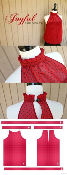 the front and back of a red top with black polka dots