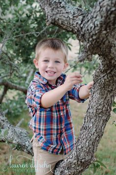 a young boy standing in a tree with his hands on the branch and smiling at the camera