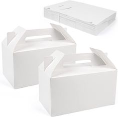 three white boxes with one open and the other closed