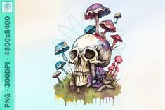 a drawing of a skull with mushrooms on it's head and flowers in the background