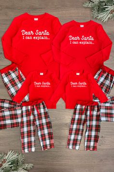 *Adult & child sets sold separately* Pajama set comes with long sleeve top and pair of pants Plaid print fabric lends sweet, seasonal charm Soft fabric provides cozy all-night comfort Perfect for family Holiday pictures, or relaxing movie nights in Gift your family's wardrobe a seasonally sweet vibe with these "Dear Santa I Can Explain" Family Pajamas. These pajama sets come with a long-sleeve top and pair of matching plaid bottoms. Both pieces are made from a soft fabric blend for comfortable w Christmas Jammies Family, Family Pajamas Christmas, Family Holiday Pictures, Dear Santa I Can Explain, Santa I Can Explain, Flannel Skirt, Christmas Pjs Family, I Can Explain, Sparkle In Pink