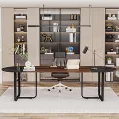 an office with a desk, chair and bookshelf