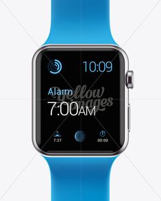 an apple watch with the time displayed on it's face and blue strap around its wrist