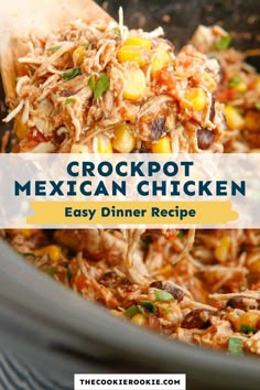 crockpot mexican chicken recipe in a slow cooker with text overlay that reads, crockpot mexican chicken easy dinner recipe