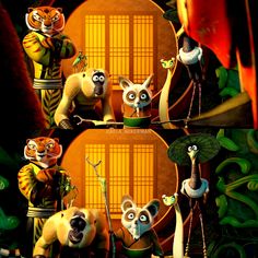 the animated characters are standing in front of an open window with bamboo screens and umbrellas