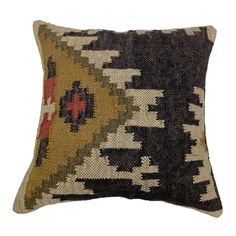 a black, yellow and red pillow with an abstract design on the front end is shown