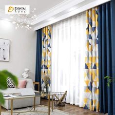 a living room with blue and yellow curtains