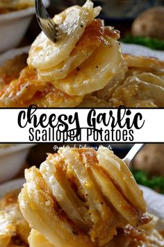 two pictures of cheesey garlic scalloped potatoes on a plate with a fork