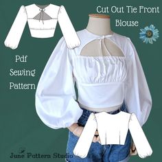 an image of a woman's blouse sewing pattern with cut out the front and shoulder