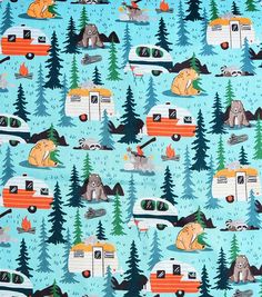 a blue background with camping animals and camper trailers on it's sides is featured in this image