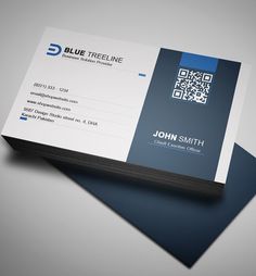 a blue and white business card with qr code on the front, and an image of