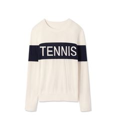 a white sweater with the word tennis on it in black and white stripes, against a white background