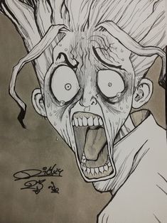 a drawing of an evil clown with his mouth open