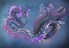 an artistic drawing of a dragon in purple and blue