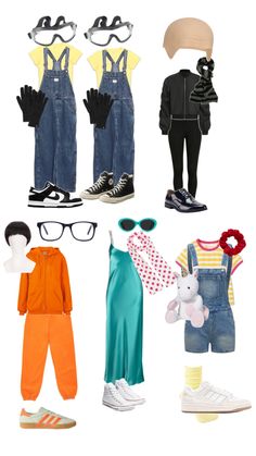 an assortment of clothes and shoes for children to wear on the day or at night