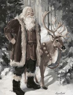 a man dressed as santa claus standing next to a reindeer