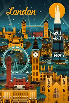 an illustration of london with the big ben clock tower and ferris wheel in the background