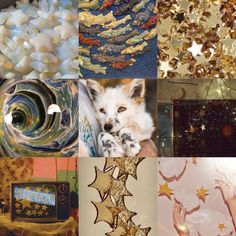 a collage of images with gold and white decorations on them, such as stars