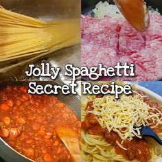 a pan filled with spaghetti and meat next to other food items on a stove top