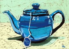 a painting of a blue teapot with a tag on the side and a green background