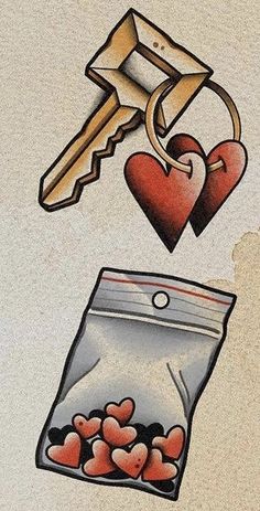 a drawing of a bag with hearts and keys coming out of it, next to a keychain