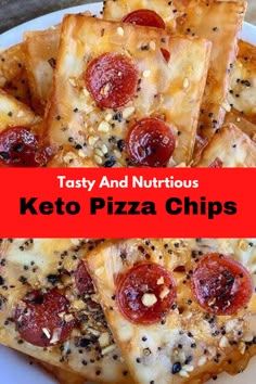 keto pizza chips on a white plate with pepperoni and black sesame seed toppings