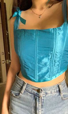 #blue #corset #sewing #diy #ribbon #outfit #bluegreen #cute #top #handmade Ribbon Outfit, Corset Outfit Aesthetic, Corset Sewing, Satin Corset Top, Tøp Aesthetic, Swift Concert, Color Celeste, Blue Corset