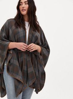 If you're going on an adventure, take this soft oversized Outlander tartan plaid knit ruana with you to stay warm. Open front. Wrap sleeves for style variations. Detachable self-tie sash. Contrast stitch trim. CONTENT + CARE Acrylic. Wash cold; dry flat. Imported plus size kimono. SIZE + FIT Model is 5'9”. This item is One Size and measures 33” from shoulder. The best plus size women's outlander tartan plaid ruana capes ponchos & ruanas in outlander tartan made of knit. Torrid is your destinatio Outlander Tartan, Going On An Adventure, Pink Live, Plus Size Kimono, Grey Leopard Print, Cozy Scarf, Grey Plaid, Black Scarf, Textured Knit