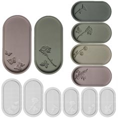 six oval trays with flowers and butterflies on them, all in different colors to choose from