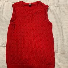 Size 8 Never Worn Red Cotton Casual Vest, Casual Red Crew Neck Vest, Casual Red Cotton Vest, Red Winter Top For School, Red Cotton School Outerwear, Red Cotton Outerwear For School, Red Casual Outerwear For School, Red Fall Tops For School, Red Sleeveless Cotton Outerwear