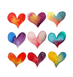 watercolor hearts are arranged in different colors