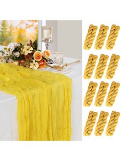 the table is set with yellow napkins and flowers