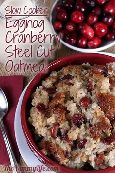 a close up of a bowl of food with cranberries