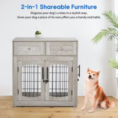 a dog sitting next to a wooden cabinet with two doors and one door open on the side