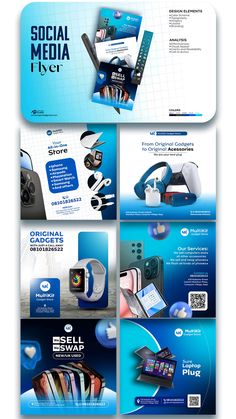 an advertisement for cell phones and other electronic devices is shown in this graphic style, with blue