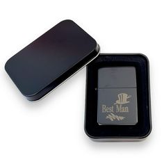 a black box with a lighter in it and the lid open to show its logo