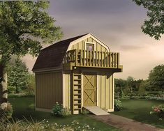 a small wooden shed with stairs to the top and bottom floor, in a grassy area