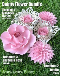 paper flowers are arranged in the grass with names on them and instructions for how to make them