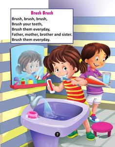 two children brushing their teeth in the bathroom with a sign above them that says brush, brush, brush your teeth, brush them every day, father, mother, brother and sister