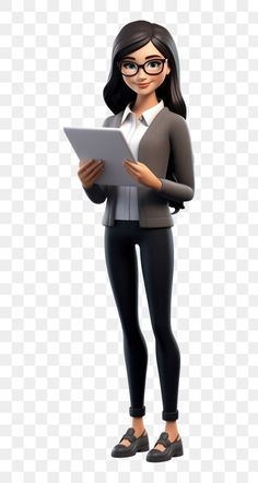 a cartoon girl with glasses holding a tablet computer, transparent background png clipart