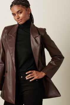 Sure to be a best seller! A faux leather moment for the perfect chic + trendy look. This blazer has a lapel collar, pockets and a button in the mid-section to secure shut. Faux leather fabric Button closure front Lapel collar Long sleeve Front pocket Back vent 55% PU 45% VISCOSE Longer in length Runs true to size! Faux Leather Blazer, Leather Shirt, Faux Leather Fabric, Be Mine, Leather Blazer, Leather Fabric, Lapel Collar, Best Seller, Things To Buy