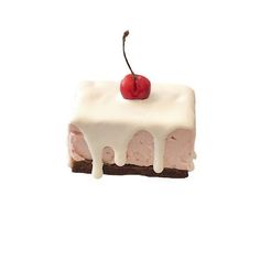 a piece of cake with icing and a single cherry on top, against a white background