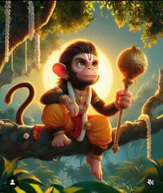 a monkey sitting on top of a tree branch holding a ball and a stick in its hand