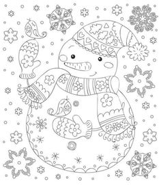 a snowman is standing in the snow surrounded by flowers and butterflies, outlined on a white background