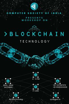 a poster with the words blockchain technology in blue and white on black background