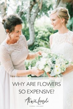 two women standing next to each other in front of trees with the caption why are flowers so expensive?