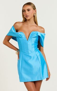 Jayce Mini Dress - Plunge Neck Off Shoulder Tulip Dress in Blue | Showpo USA Summer Off Shoulder Dress With Sweetheart Neckline For Gala, Summer Gala Off Shoulder Dress With Sweetheart Neckline, Chic Evening Off Shoulder Dress With Short Sleeves, Blue Fitted Off Shoulder Cocktail Dress, Fitted Blue Off Shoulder Cocktail Dress, Chic Off Shoulder Evening Dress With Short Sleeves, Fitted Blue Off-shoulder Cocktail Dress, Chic Off Shoulder Short Sleeve Evening Dress, Blue Strapless Off Shoulder Dress For Night Out