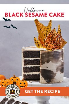 a halloween cake with white frosting and sprinkles on top is featured in the black sesame cake magazine