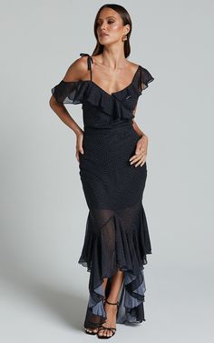 Get ready to make a statement at your next party with our Artemisia Maxi Skirt! This flirty and playful skirt features frill details and a sheer high-low design that is guaranteed to turn heads. Made from chiffon and polyester, this black polka dot skirt is perfect for any occasion. Whether you're twirling on the dance floor or sipping cocktails with friends, the fit and flare silhouette will accentuate your figure and keep you feeling fabulous all night long. Pair it with heels for an elevated Skirt Frill, Black Polka Dot Skirt, Cocktails With Friends, Endless Fashion, Basic Black Dress, Neon Outfits, Bachelorette Dress, Spring Maxi Dress, Frill Tops