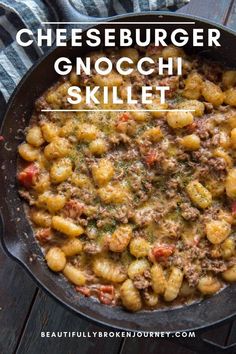 cheeseburger gnocchi skillet in a cast iron skillet with text overlay